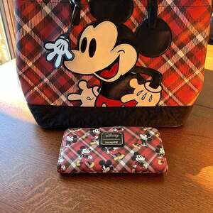 Disney Loungefly Mickey Mouse Red Plaid Tote Bag & Matching Wallet Set